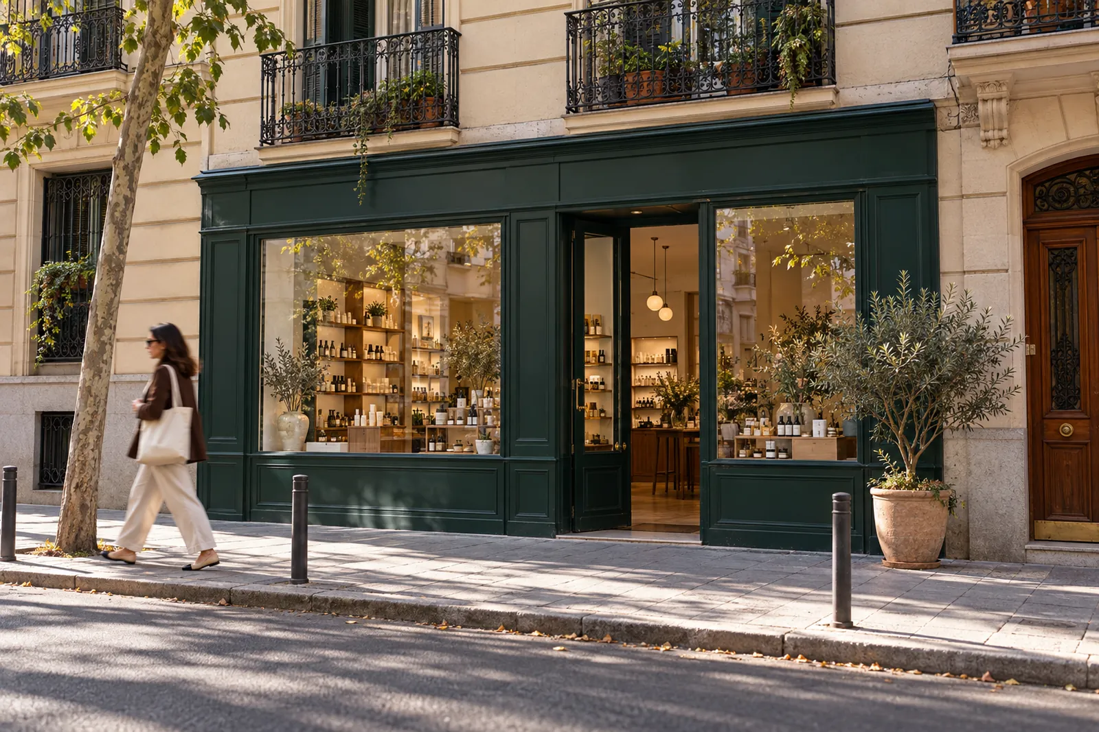 Fachada de la tienda en la calle de Ponzano, con marco de madera verde y un olivo en la puerta