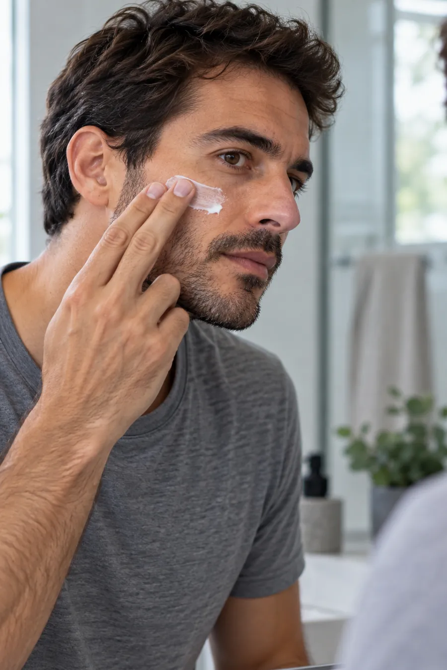 Hombre aplicándose crema hidratante en el pómulo