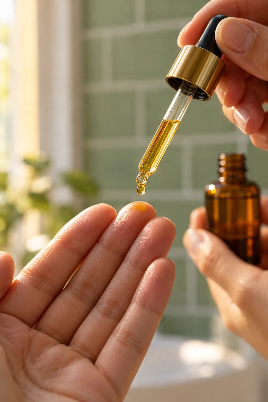 Gota de sérum sobre las yemas de los dedos