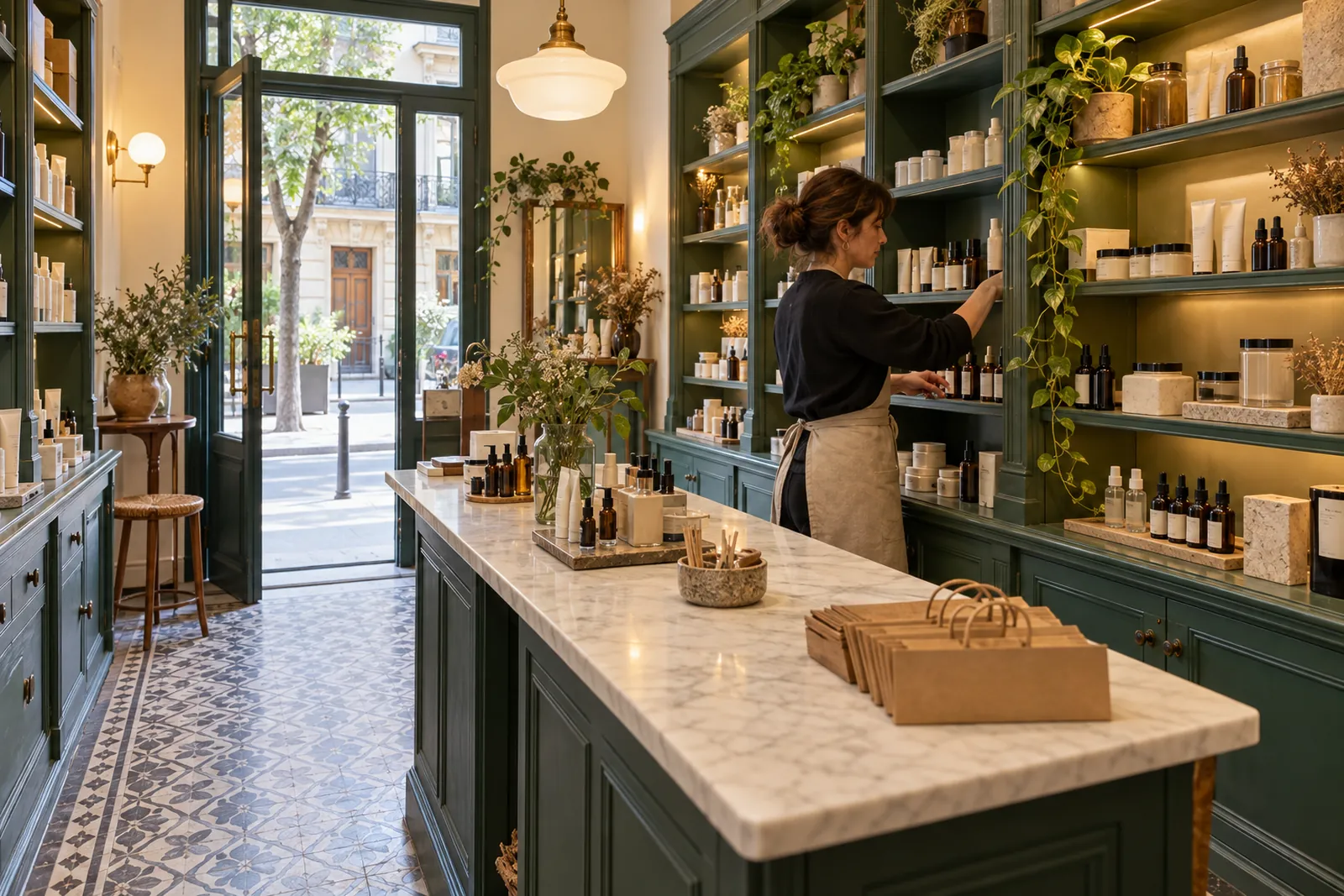 Interior de la tienda Ardecosmetico con estanterías verdes, mostrador de mármol y suelo hidráulico